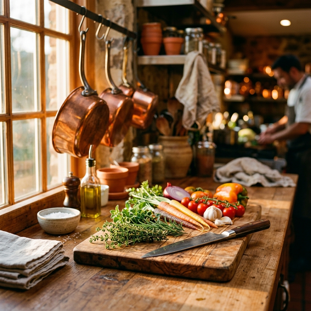 Professional chef's workstation bathed in golden hour light with fresh herbs and copper pots